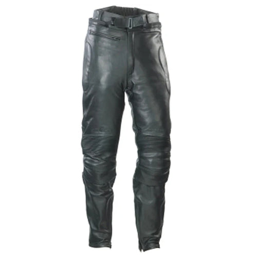 A pair of black leather motorcycle trousers for ladies with knee armour and elasticated leg panels.
