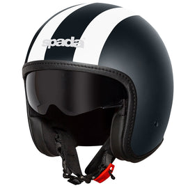 black open face spada motorbike helmet with white stripes down the middle
