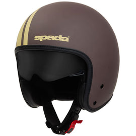 brown open face motorbike helmet by spada with black drop down visor