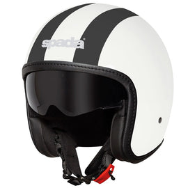 white open face spada motorbike helmet with black stripe down the middle