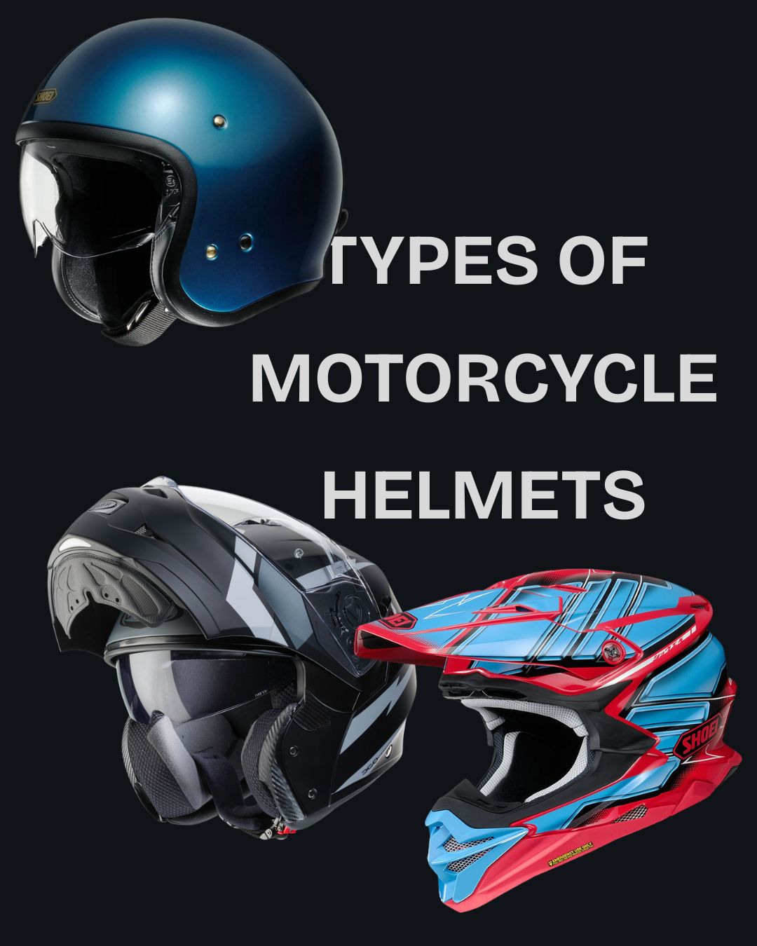 blog post ocver for types of motorcycle helmets with full face, flip up and open face