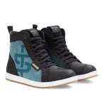 a pair of lace up high top trainers in black and blue