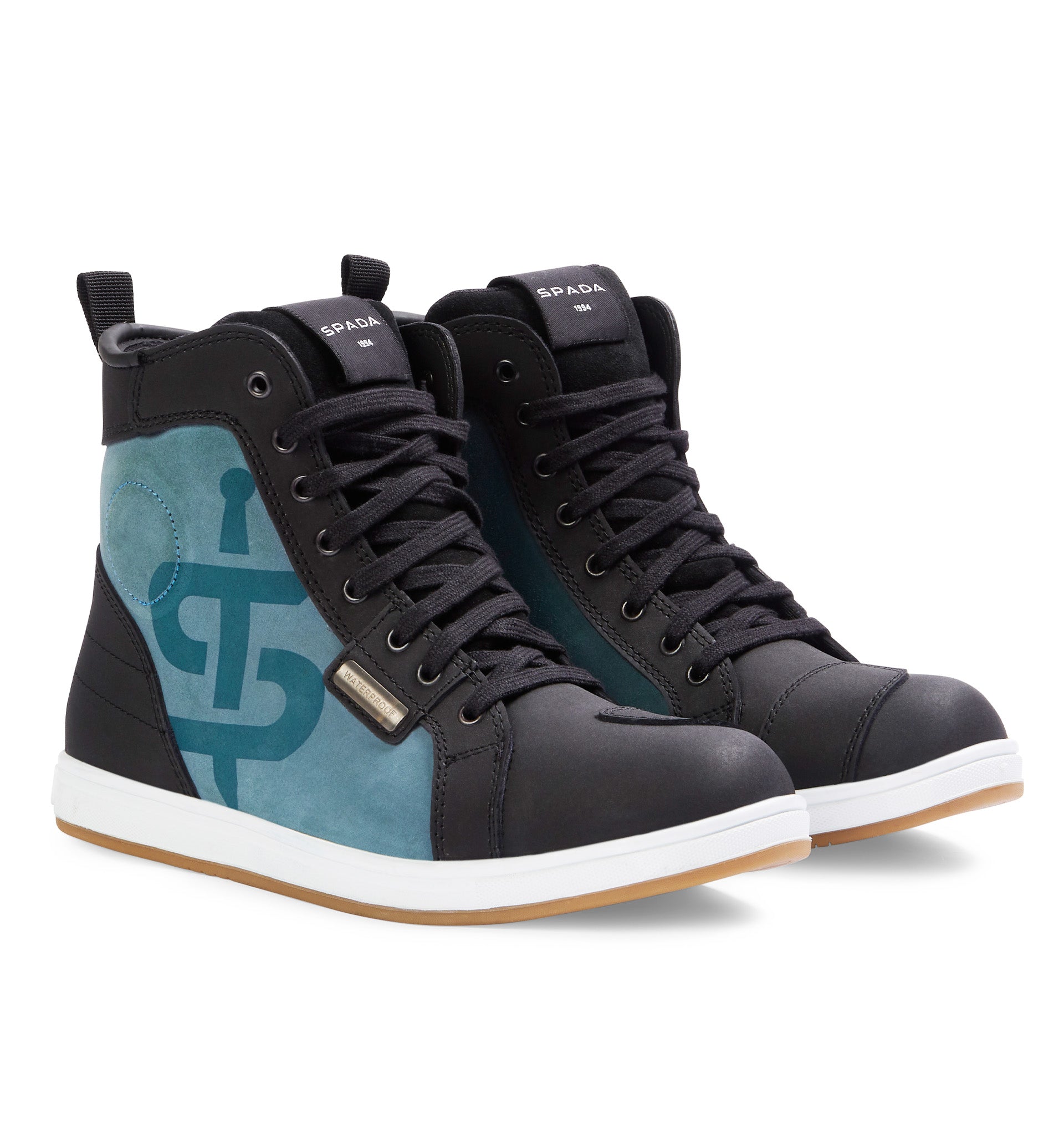 a pair of lace up high top trainers in black and blue