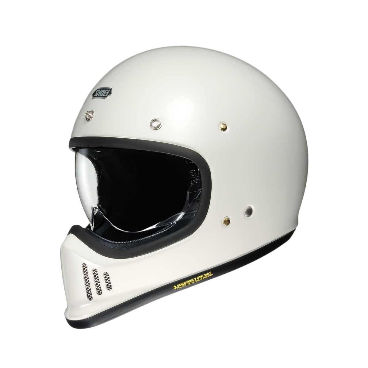 White full face shoei motorcycle helmet with clear visor on a white background
