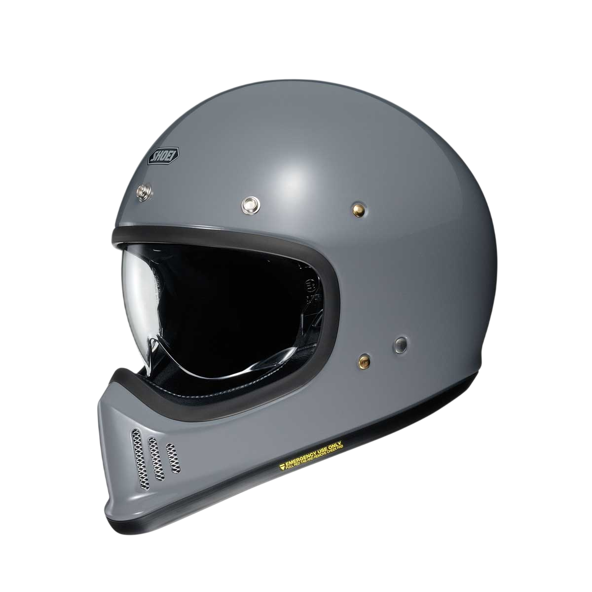 grey full face shoei motorcycle helmet with clear visor
