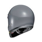 back of grey shoei motorbike helmet with black straps and padding