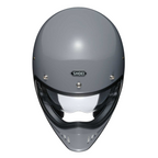 top of grey full face helmet with shoei logo on the front