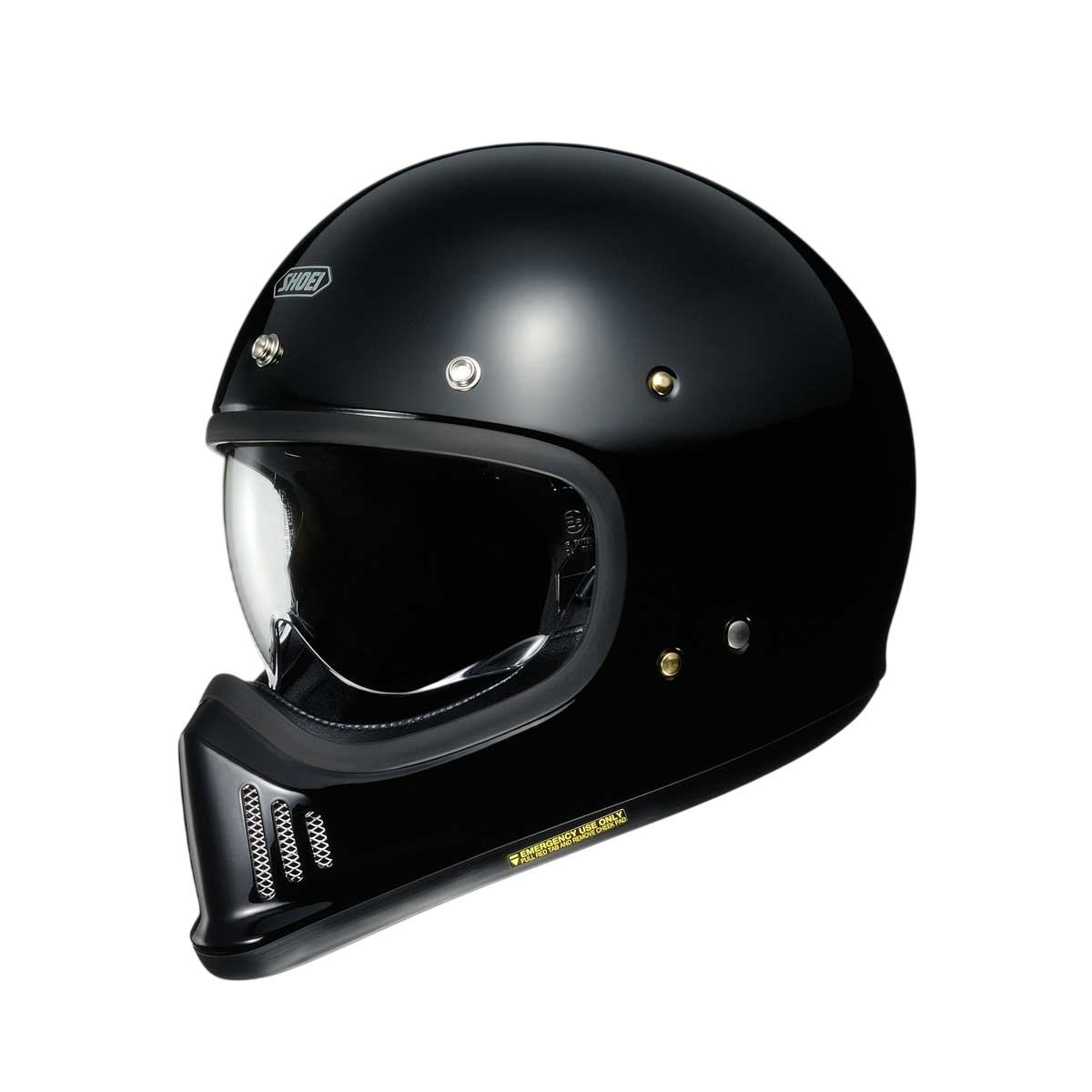 black full face shoei motorcycle helmet with clear visor