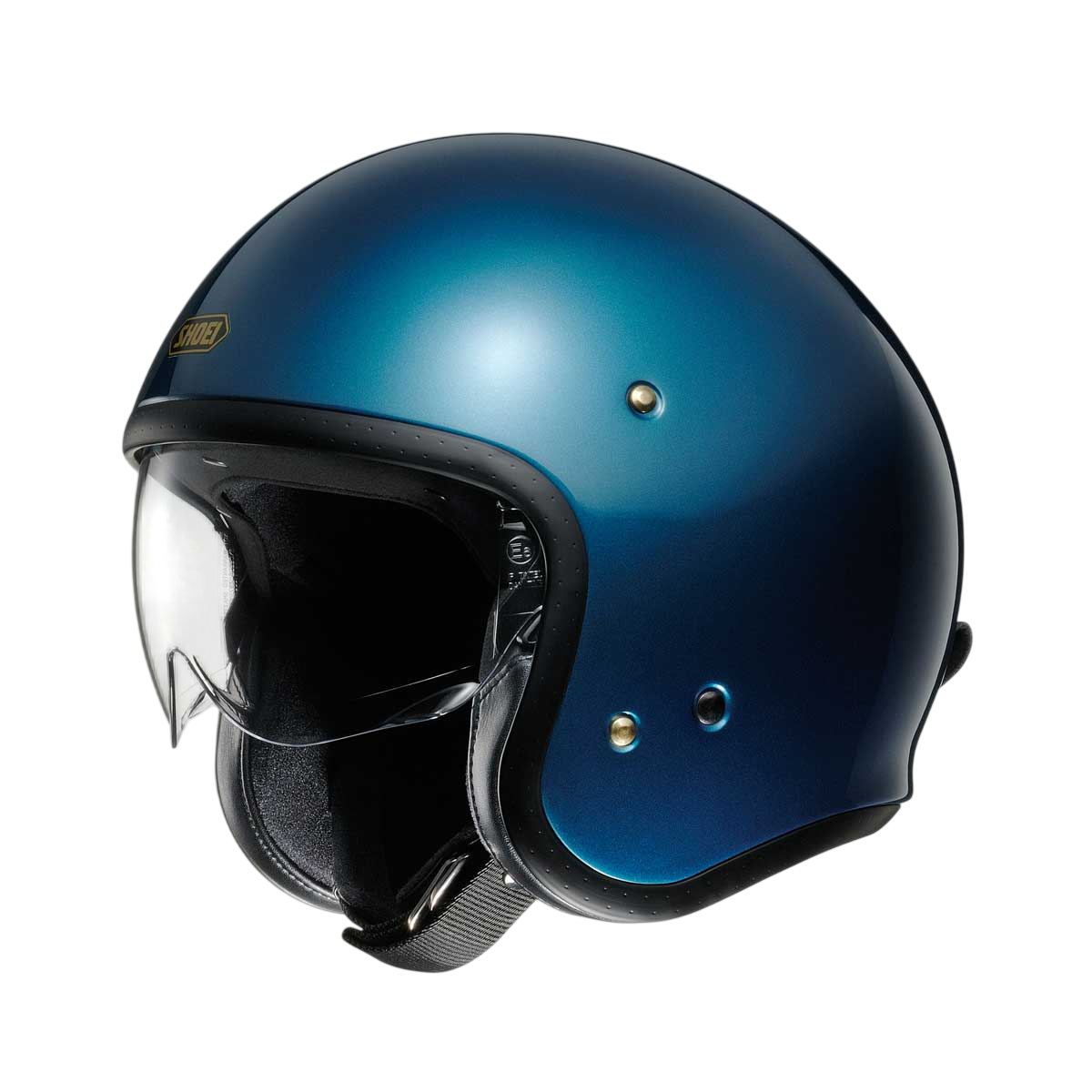 side view of shoei open face helmet in laguna blue with clear visor