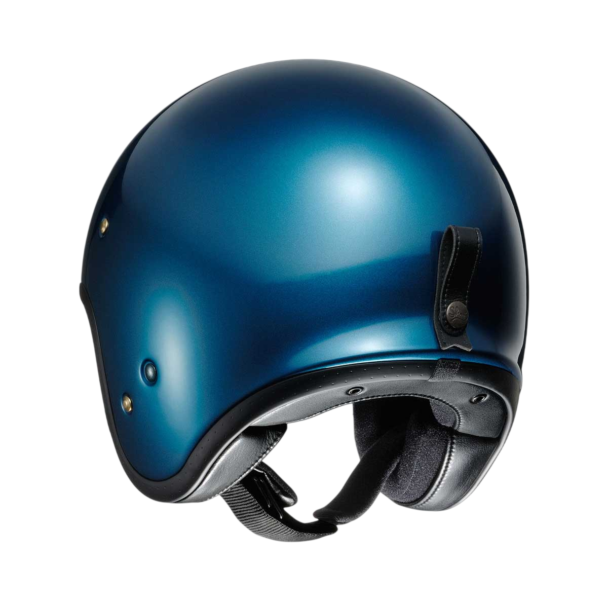 back of laguna blue shoei helmet with black straps