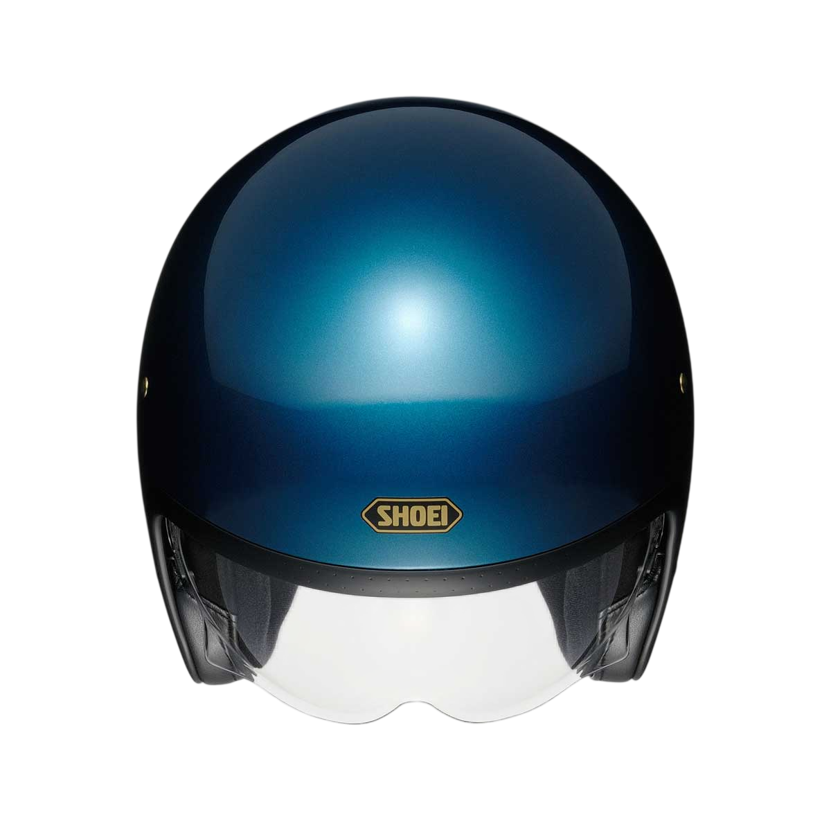 top of blue motorcycle helmet with shoei branding logo on the front