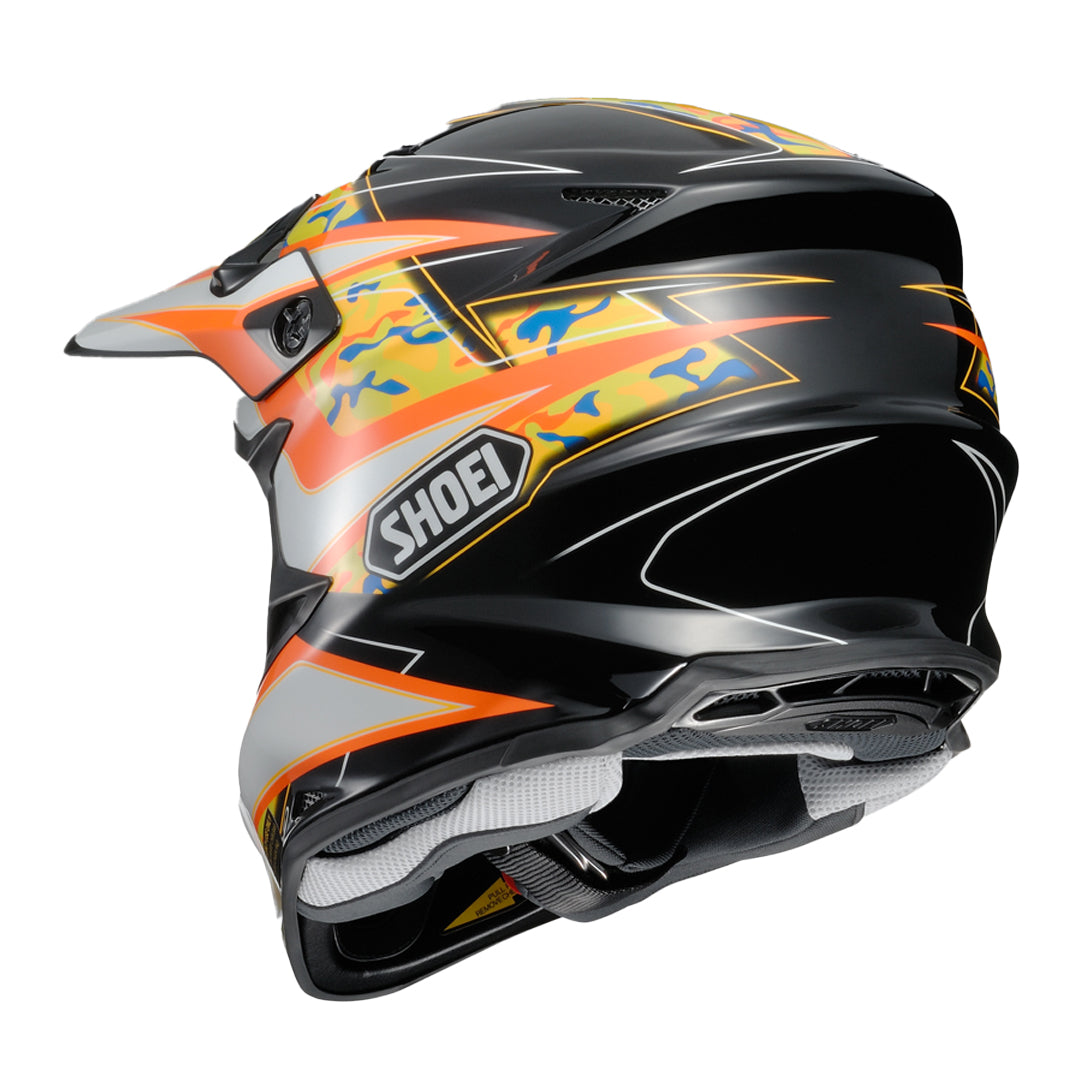 rear view of Shoei VFX-W Turmoil TC-8 showing exhaust vents and goggle strap groove