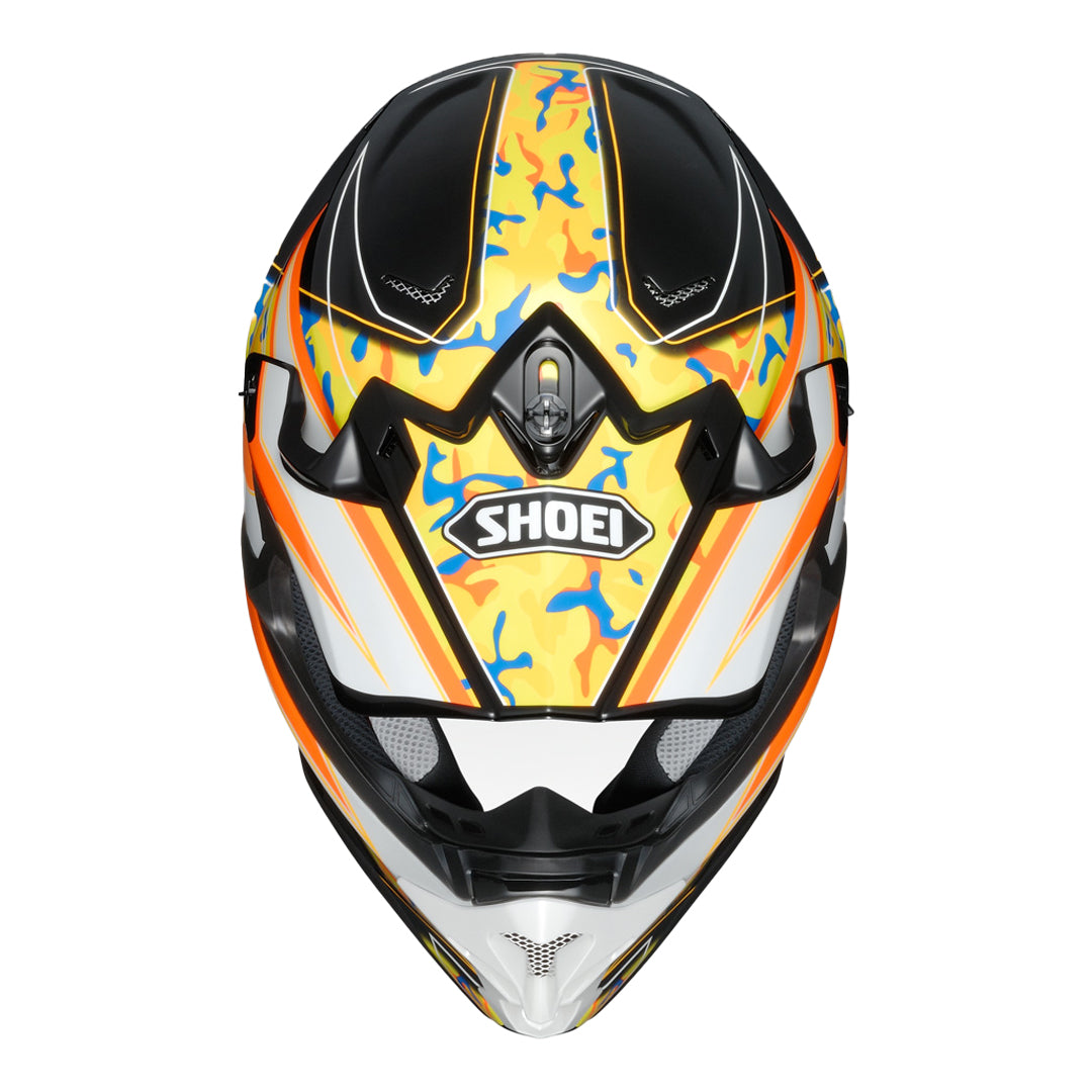 top view of Shoei VFX-W Turmoil TC-8 showing adjustable visor and goggle port