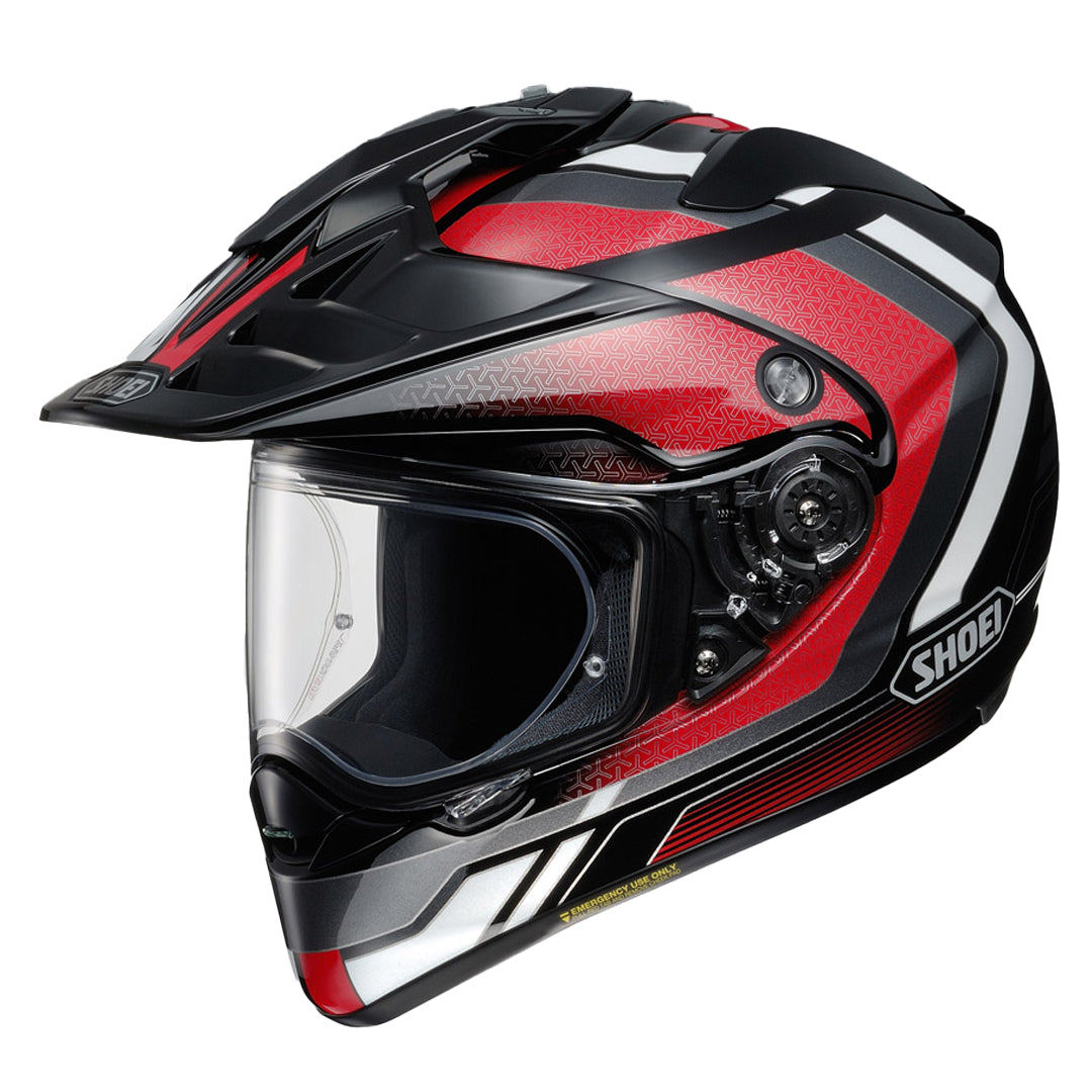 Shoei Hornet ADV Sovereign TC-1 dual-sport adventure motorcycle helmet in red black and white with detachable peak