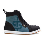 side view of blue suede and black waterproof motorcycle trainers for men