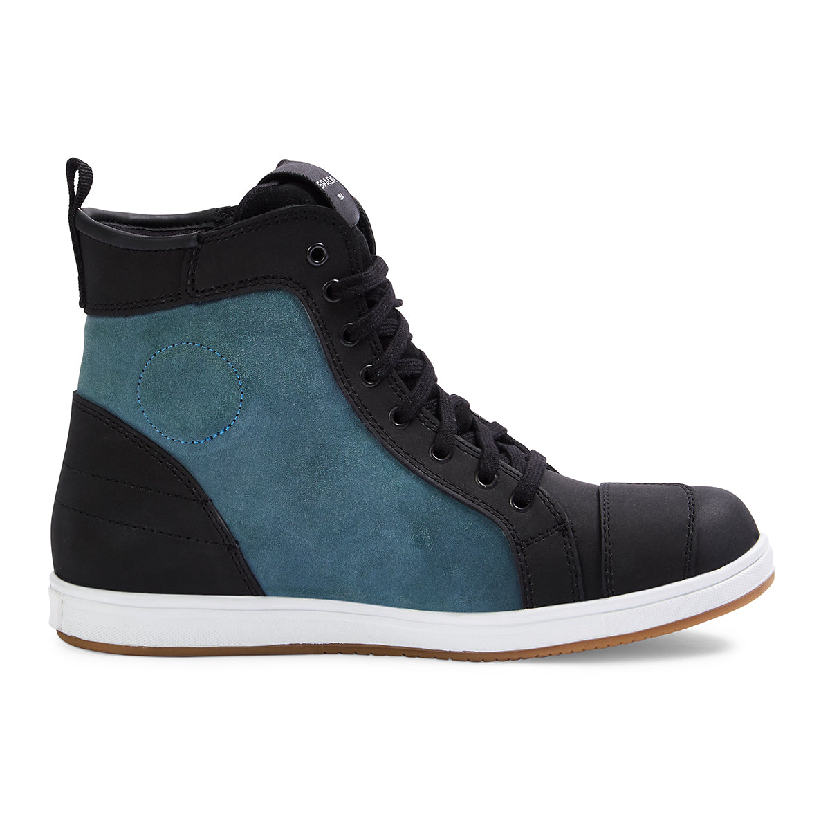 Blue and black high-top sneaker on a white background