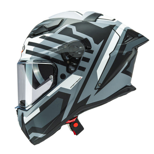 side view of Caberg Drift Evo II Horizon showing rear spoiler aerodynamic shell and DVT visor