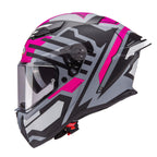side view of Caberg Drift Evo II Horizon fuchsia showing rear spoiler aerodynamic shell and DVT visor