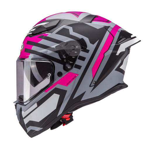 side view of Caberg Drift Evo II Horizon fuchsia showing rear spoiler aerodynamic shell and DVT visor