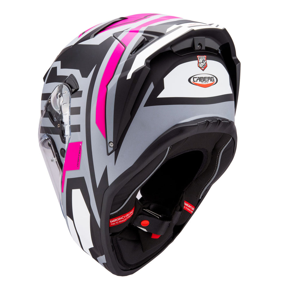 three-quarter rear view of Caberg Drift Evo II Horizon fuchsia showing four rear extractors and spoiler profile
