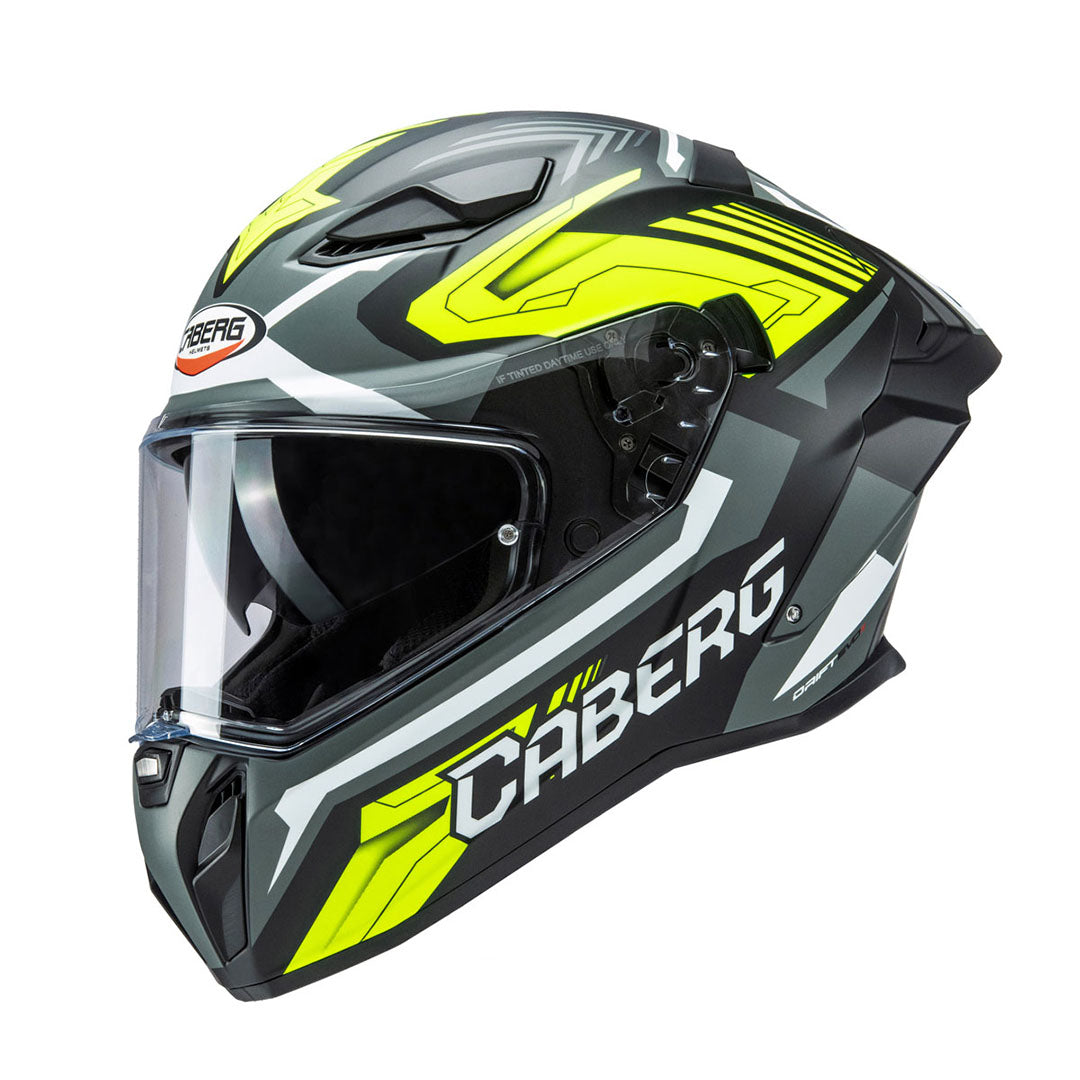 Caberg Drift Evo II Jarama full face motorcycle helmet in matt black grey and yellow fluo graphic
