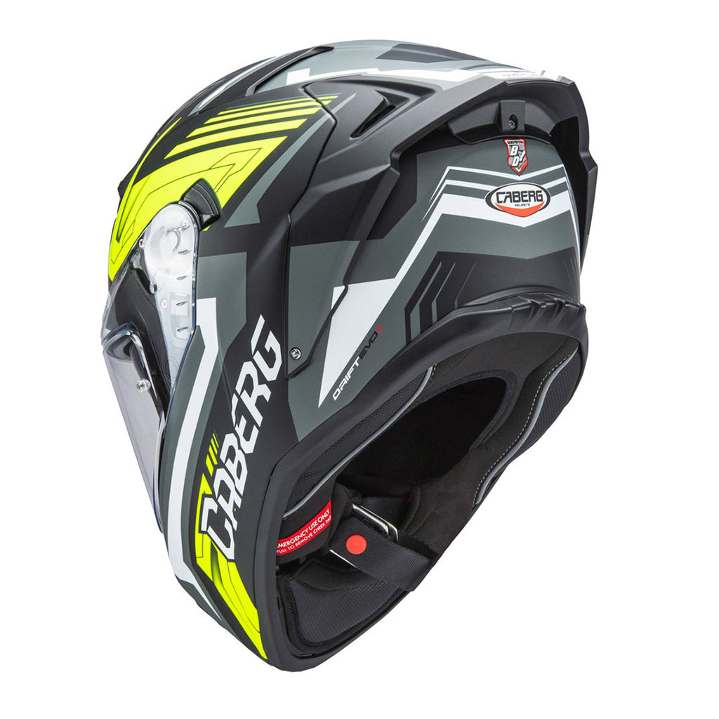 three-quarter view of Caberg Drift Evo II Jarama showing aerodynamic shell profile and DVT dual visor