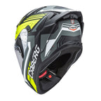 three-quarter view of Caberg Drift Evo II Jarama showing aerodynamic shell profile and DVT dual visor
