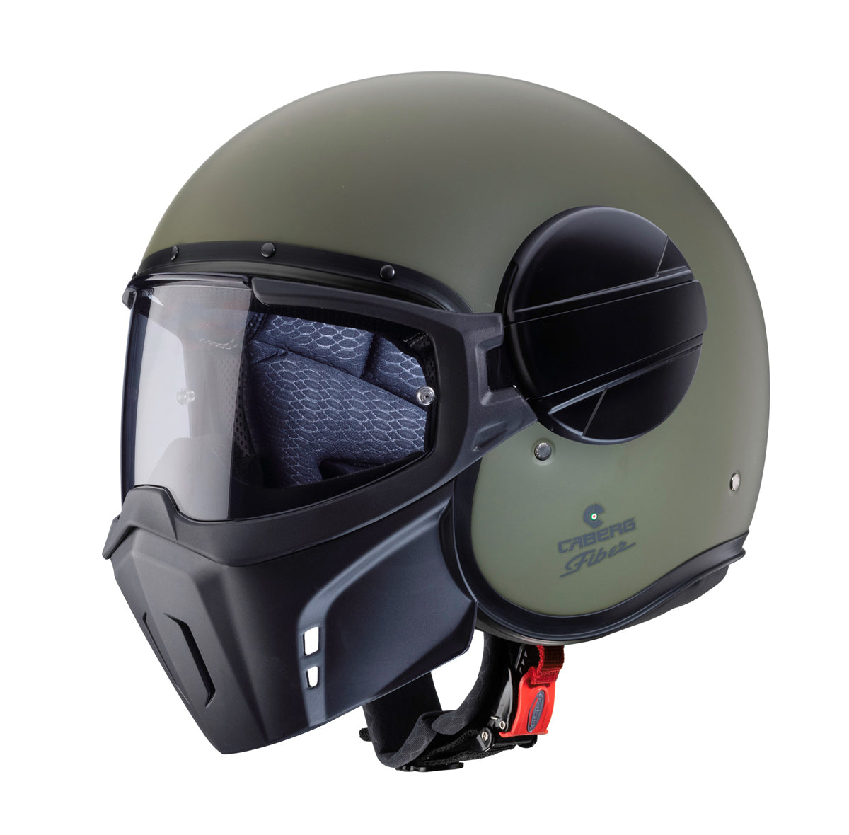military green open face motorbike helmet with caberg branding and detachable black chin curtain