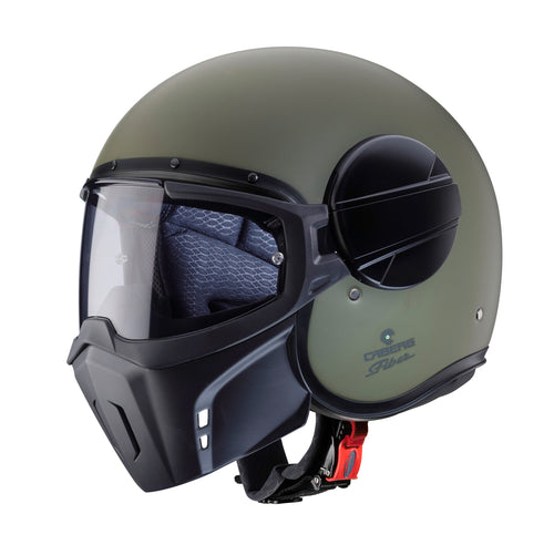 military green open face motorbike helmet with caberg branding and detachable black chin curtain