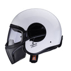 side of white and black motorbike helmet with clear visor