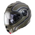 matt green and black flip up motorbike helmet with clear visor and caberg logo