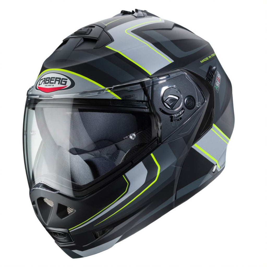 black and yellow flip up motorbike helmet with clear visor and caberg logo