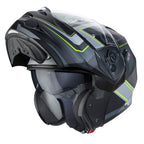 flipped up motorcycle helmet with black and yellow design and integrated sun visor