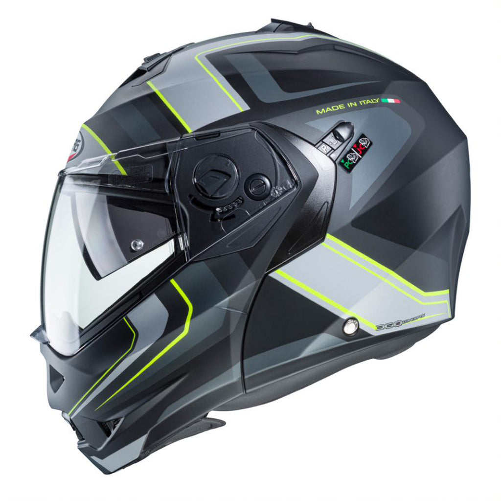 side view of yellow grey and black helmet with pinlock ready visor
