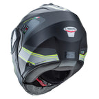 back of black grey and yellow flip up helmet iwth caberg branding