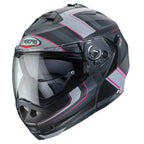 black pink and grey flip up motorbike helmet with caberg logo with clear visor and integrated sun visor