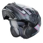 caberg duke 2 black and pink motorbike helmet flipped up with integrated sun visor