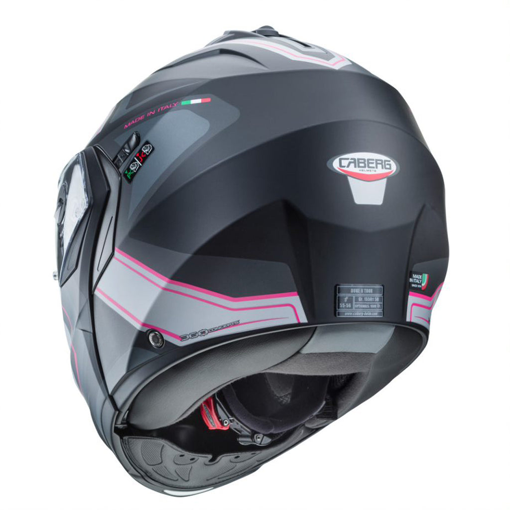 back of black pink and grey full face motorbike helmet with caberg logo