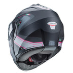 back of black pink and grey full face motorbike helmet with caberg logo