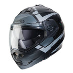 black and grey flip up motorcycle helmet with clear visor