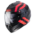 black flip up motorcycle helmet with red stripes and red caberg logo