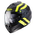 black and yellow flip up motorbike helmet with yellow caberg branding and clear visor