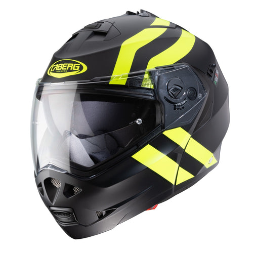 black and yellow flip up motorbike helmet with yellow caberg branding and clear visor