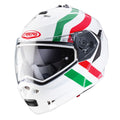 white flip up motorcycle helmet with green and red stripes and red caberg logo