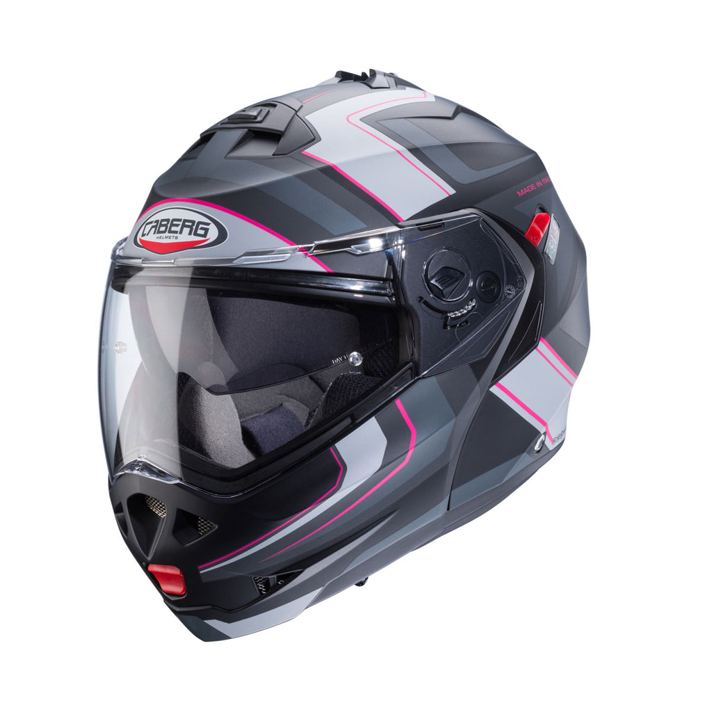 black grey and pink flip up motorbike helmet with caberg branding