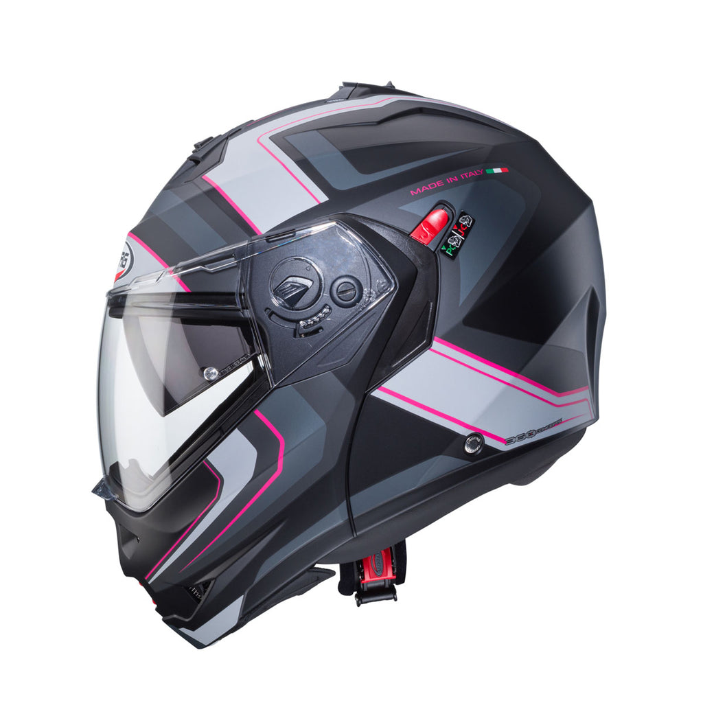 side of black and pink motorbike helmet with clear pinlock ready visor