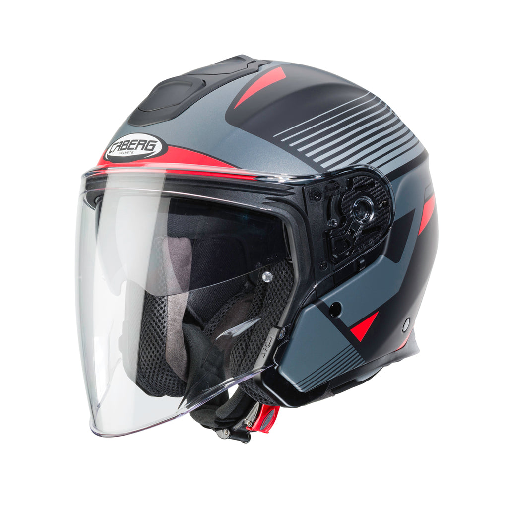matt black and red open face motorcycle helmet with clear visor and integrated sun visor