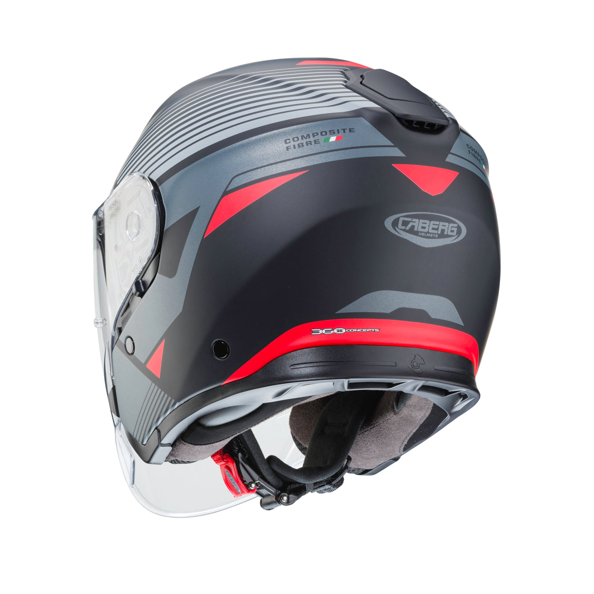 back of red and black motorbike helmet with caberg logo on the back