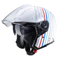white open face motorcycle helmet with red blue and silver stripes and silver caberg logo