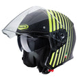 black open face motorcycle helmet with yellow stripes across and yellow caberg logo